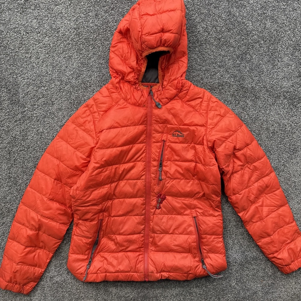 READ Boys 10-12 LL Bean Down Jacket Hooded Full Zip Pockets Orange